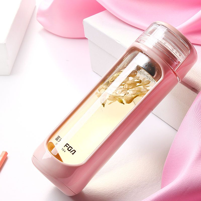 富光玻璃杯耐热防摔创意茶杯带滤网双层塑玻杯男女士水杯子粉色220ml