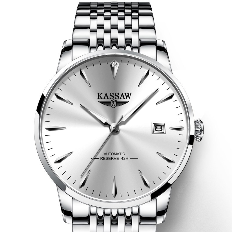 卡梭(KASSAW)手表男真钻附带钻石鉴定卡国产品牌自动机械表超薄商务时尚男表防水夜光男士手表K995G 耀目银白