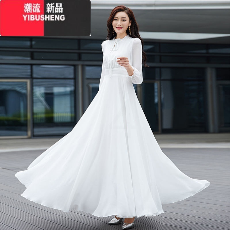 YIBUSHENG2024新款女长袖系带领纯色雪纺连衣裙修身显瘦沙滩度假长款大摆裙高清大图