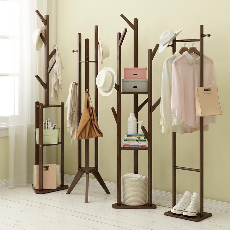 晋舰 简易衣帽架实木卧室落地挂衣架柜子衣服包置用简约现代收纳架 加固加粗方形底--双柱款--茶色高清大图