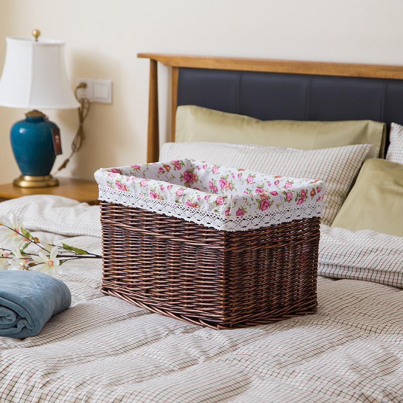 家柏饰(CORATED)大号柳编藤编收纳筐收纳箱藤编筐收纳篮储物篮箱整理箱藤编 无盖咖啡色+花布44*32*21cm