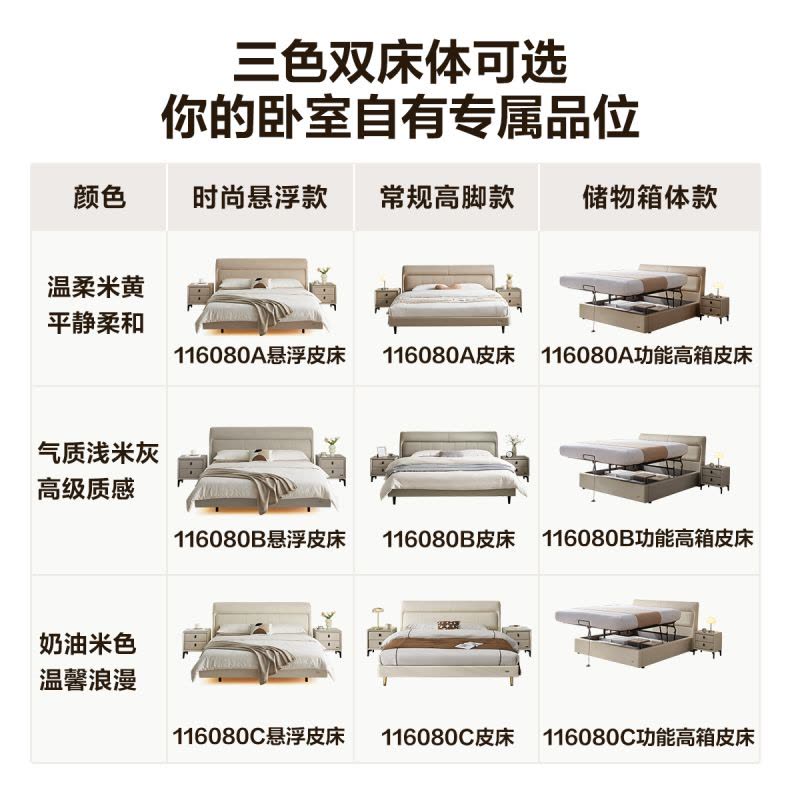 全友家居现代简约真皮床1.8米主卧室头层牛皮高脚软包双人大床图片