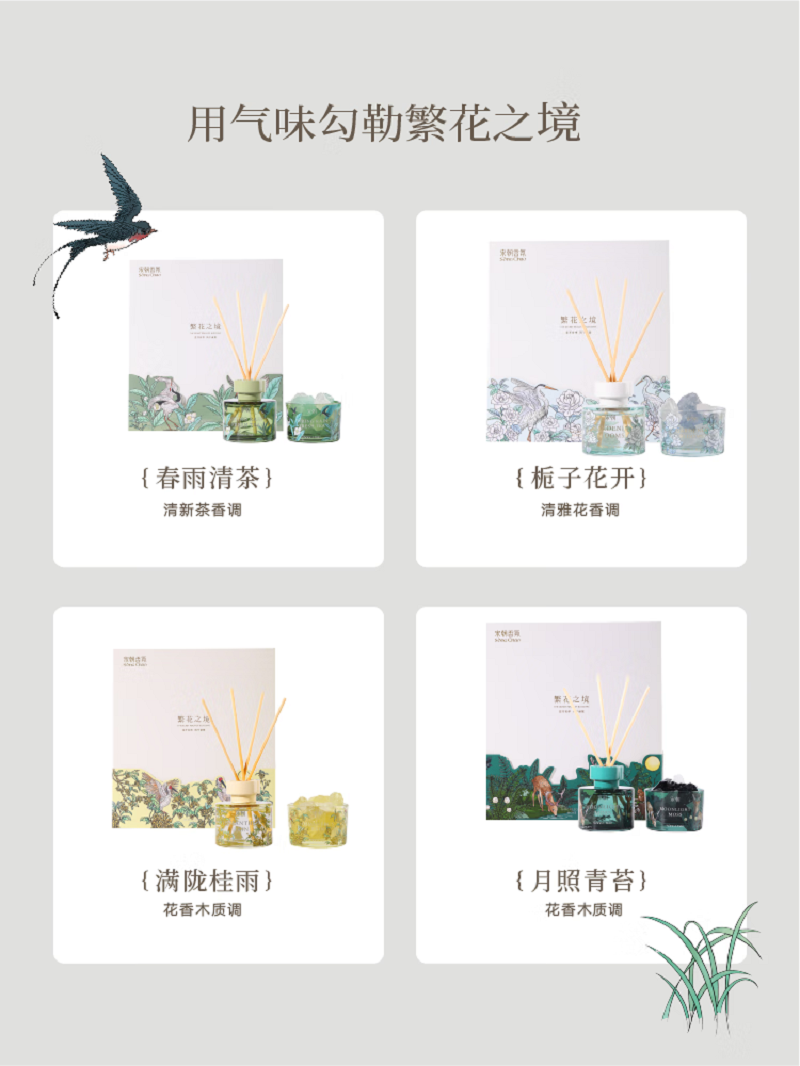 宋朝 宋朝繁花之境香薰+扩香石礼盒[月照青苔/满陇桂雨/栀子花开/春雨清茶] 备注发货高清大图
