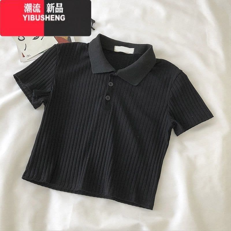 YIBUSHENGins火polo领短袖t恤女天高腰短款修身显瘦半袖上衣坑条打底衫图片