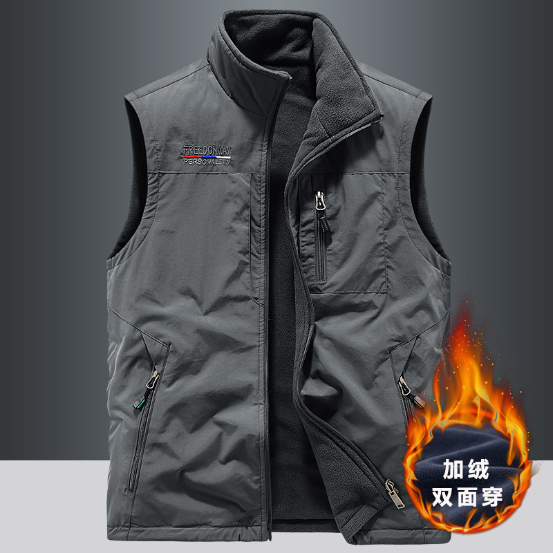 JPDUN秋冬双面穿马甲男士户外运动抓绒背心摇粒绒坎肩 灰色 XL