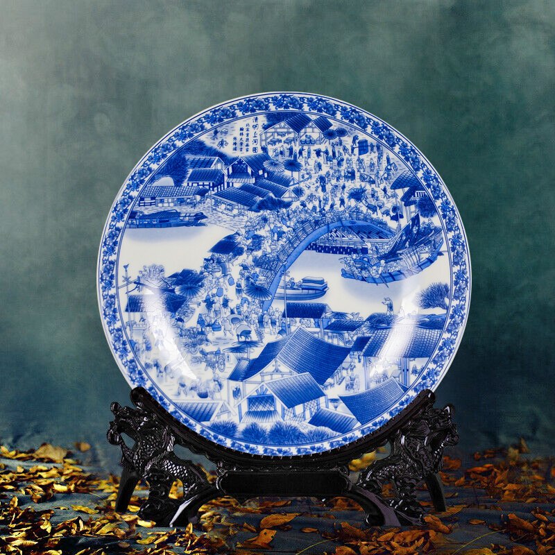 景德镇陶瓷器挂盘装饰盘子现代中式客厅装饰工艺品桌面摆件墙 三维工匠 清明上河图青花款+龙头支架