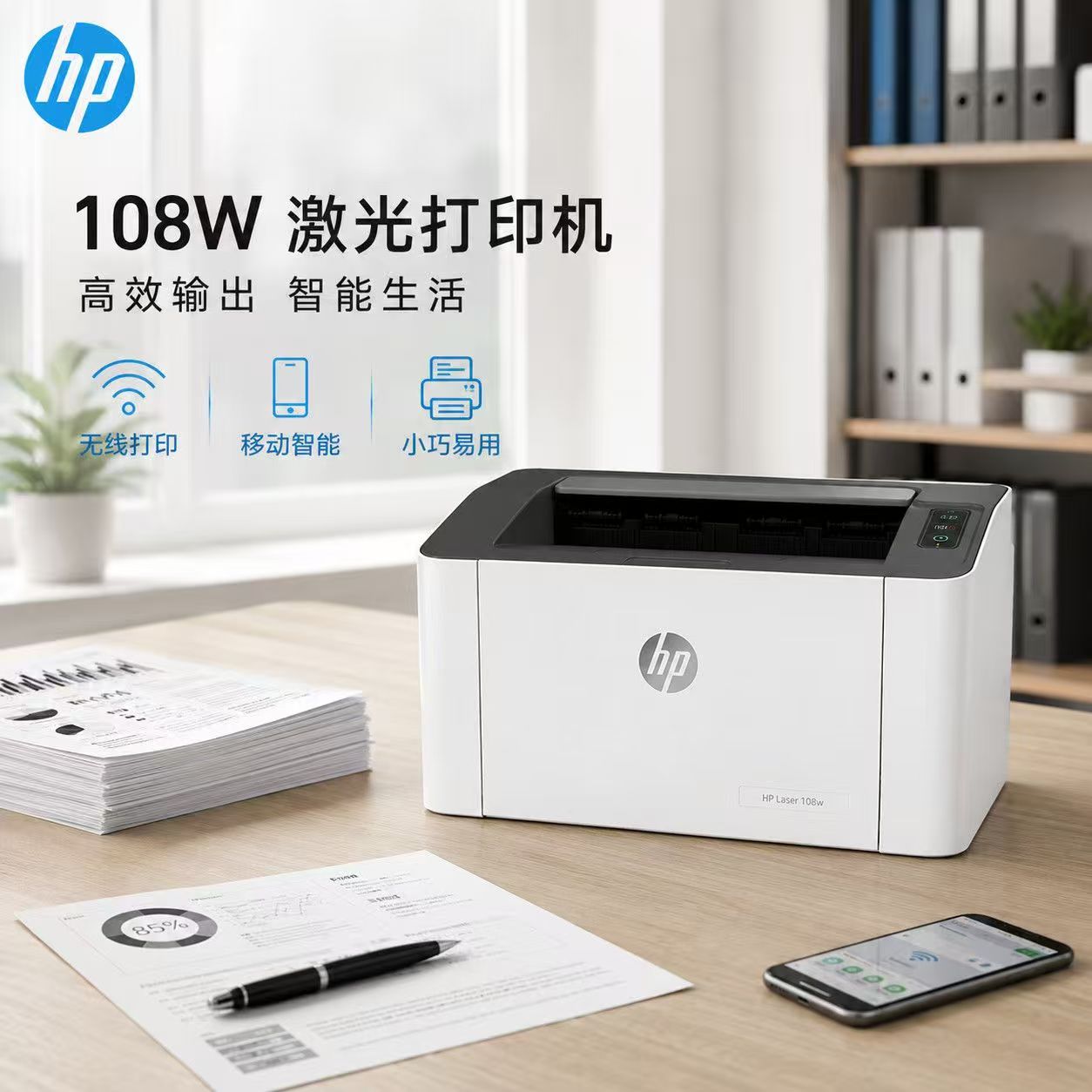 [HP]惠普108w黑白激光打印机A4纸小型办公家用小学生作业无线连接-标配:机器+3000页加粉鼓1支高清大图