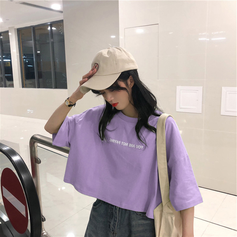 婕秘2021年网红纯棉短袖t恤女紫色露脐高腰宽松短款上衣ins潮配高腰裤