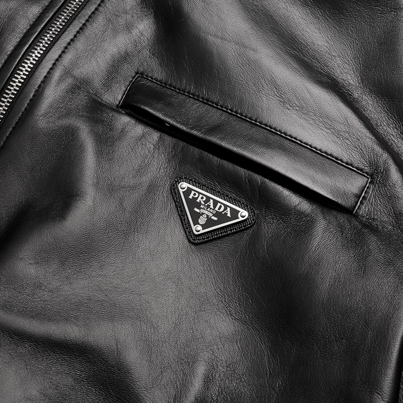 普拉达prada男士黑色三角形徽标双面穿皮衣飞行员夹克外套upw280038