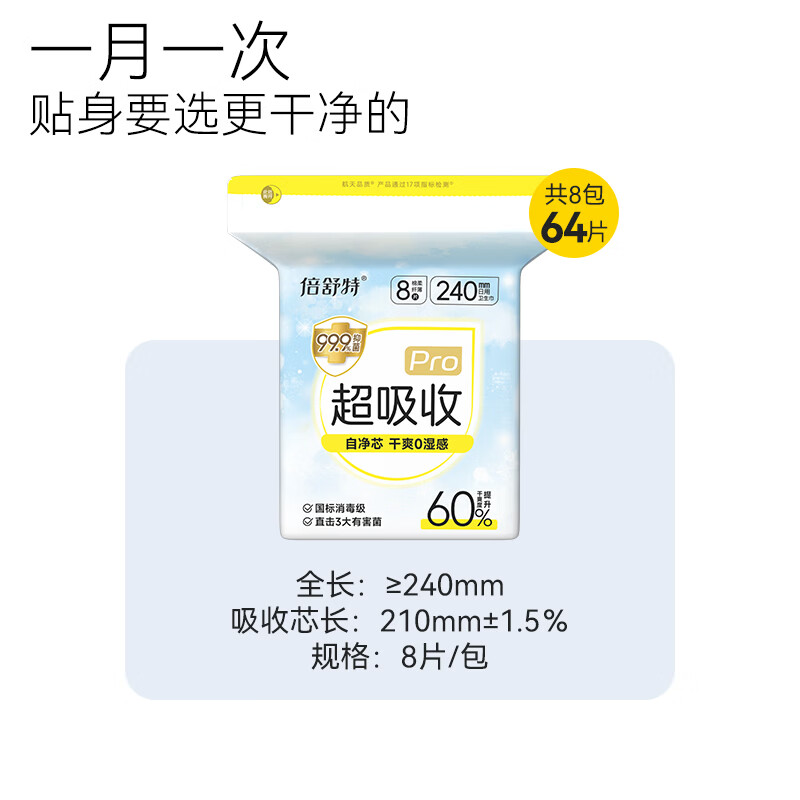 倍舒特医护级 棉柔瞬吸防漏 超吸收卫生巾日用组合64片 240mm 8包64片YH14108L8高清大图