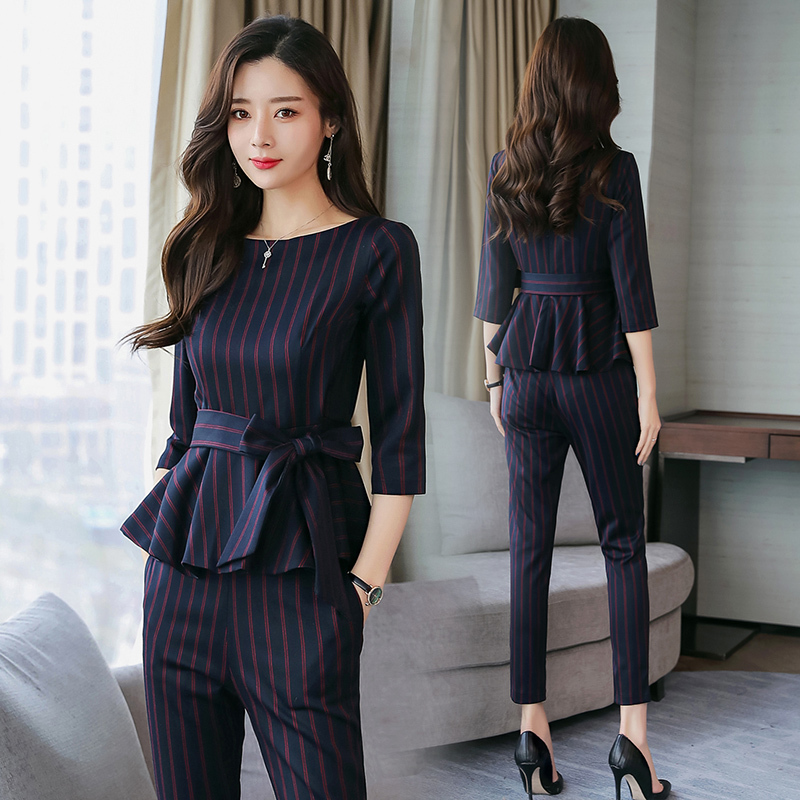洋气短裤套装女女士夏款新品时尚条纹九分裤短袖上衣配裤子两件套