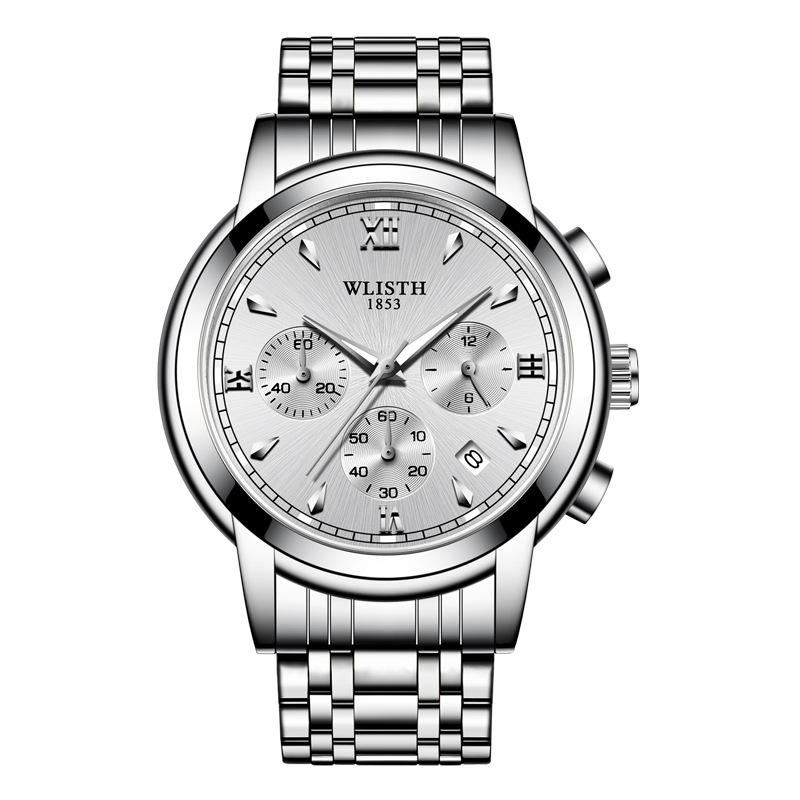 沃力仕男士手表钢带手表男商务腕表 防水多功能手表日历男表 白面银带5#