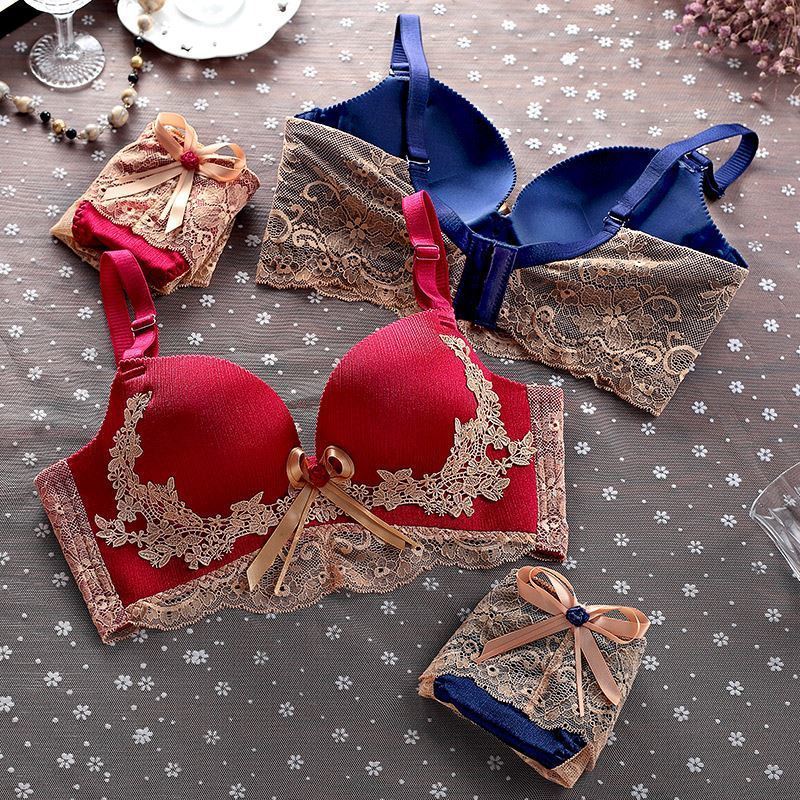 本命年套装大红色聚拢文胸无钢圈内衣女结婚新年新娘刺绣胸罩猪年