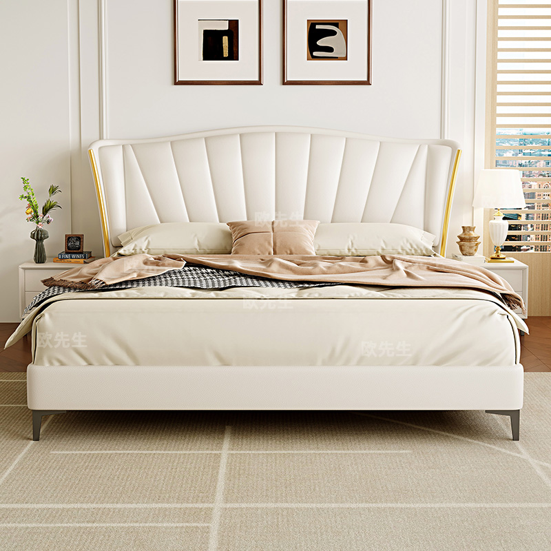 头层牛皮床主卧次卧双人大床实木真皮极简婚床高清大图