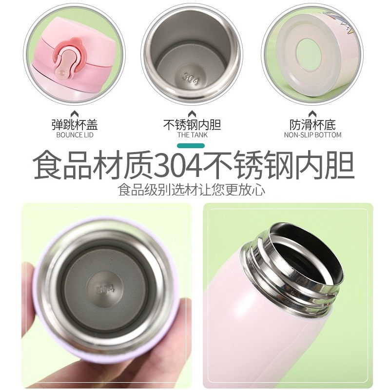 女孩儿童纯色字母冬 男女小学生水杯便携式随行杯不锈钢简约户外运动直身杯弹跳盖不锈钢保温杯-粉色字母保温杯子350ml