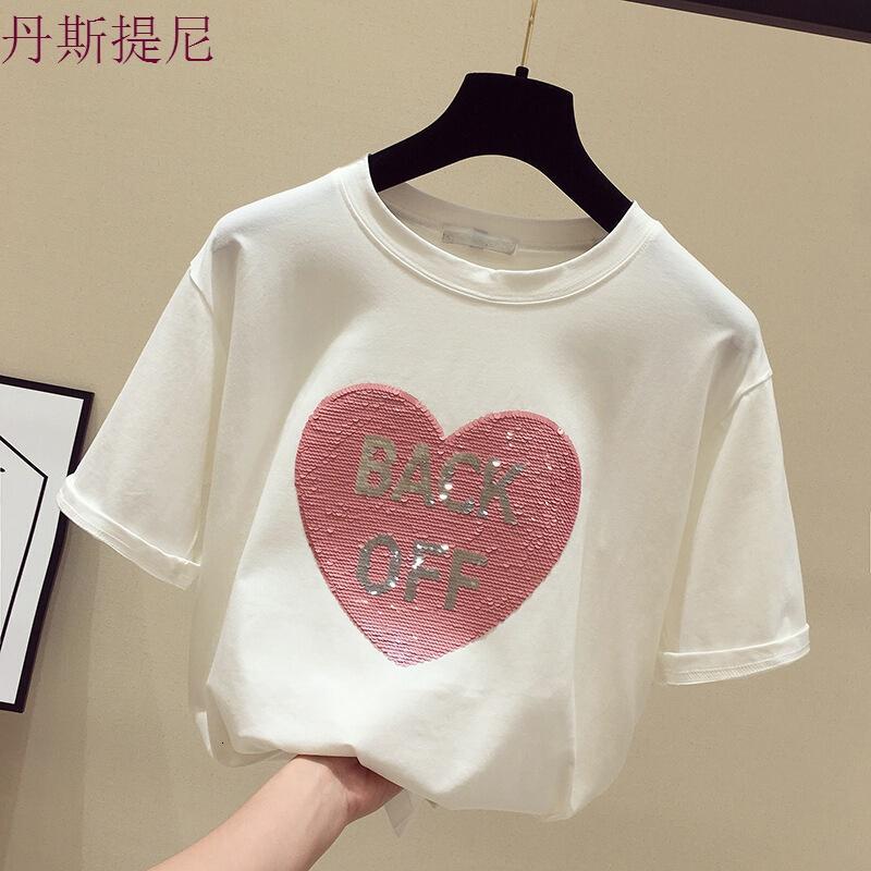 爱心短袖T恤女白色韩范2018夏季新款宽松圆领字母亮片体恤半截袖白色均码