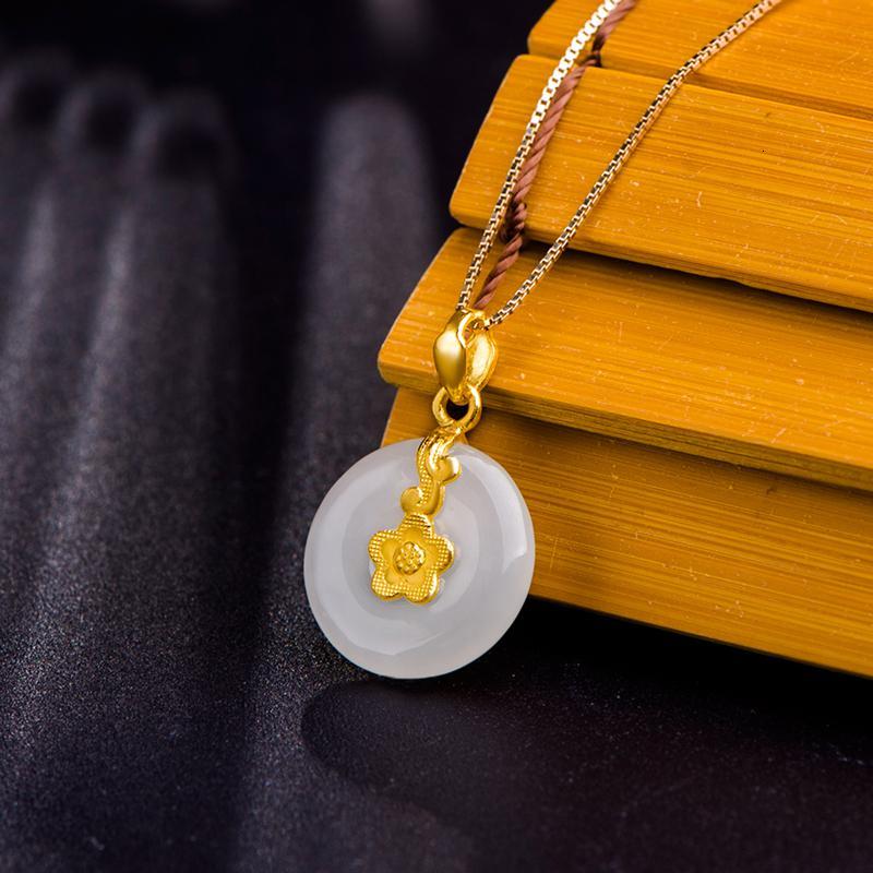 周六福zhouliufu和田玉吊坠女款平安扣玉坠金镶玉官方黄金玉石吊坠