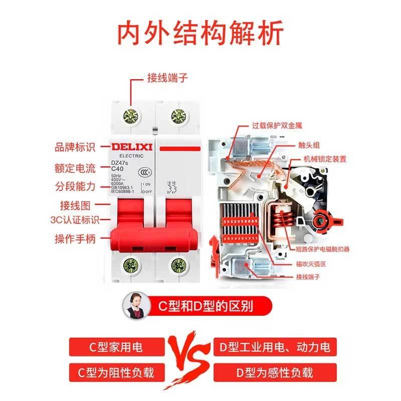 德力西 空气开关 小型标准断路器 DZ47s C型 2A 2P (单位:个)