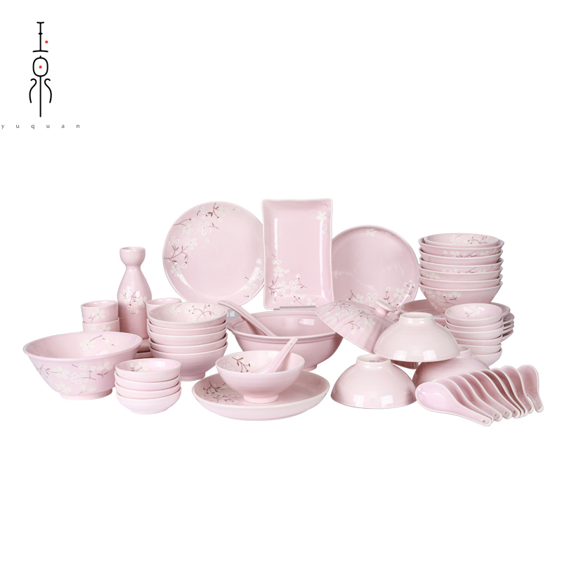 【玉泉】YUQUAN 樱花物语日式餐具套装碗碟 中式印花陶瓷碗盘家用56头粉 高淳陶瓷国产套装