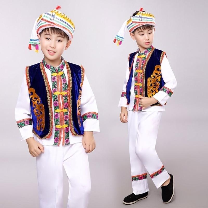 白族舞蹈演出服装女儿童白族服饰云南大理葫芦丝演奏舞台表演服新蓝色