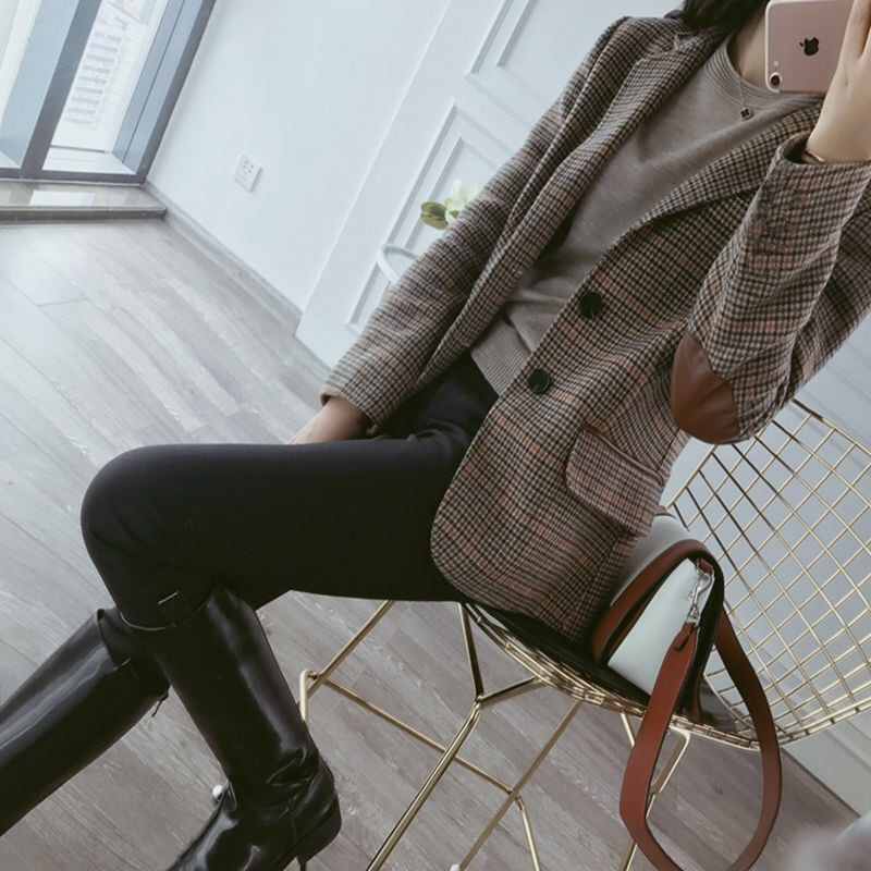 班俏BANQIAO格子小西装外套女2023春秋新款短款韩版大码复古女士西服上衣外套