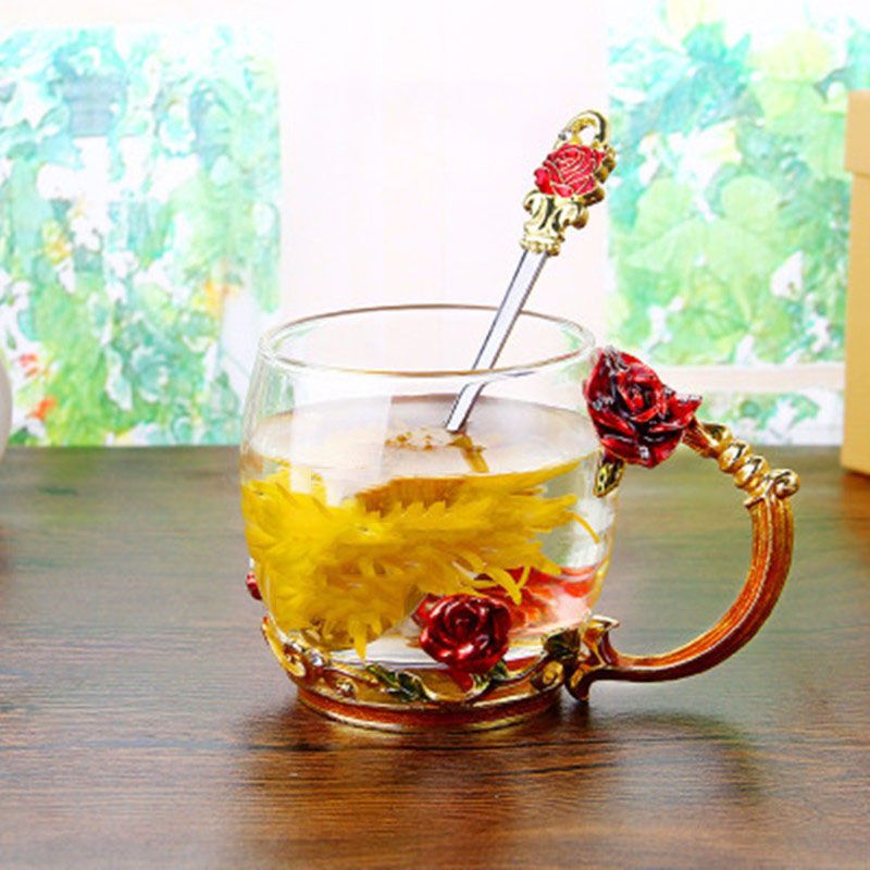 可爱玫瑰杯珐琅彩水杯家用咖啡杯泡茶杯少女心玻璃杯果汁杯花茶杯 菊花矮杯