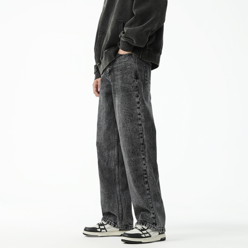 黑灰色牛仔裤阔腿宽松潮牌美式高级感直筒休闲长裤有加绒高清大图
