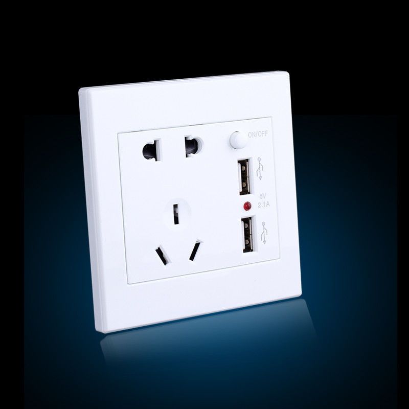 五孔双usb(雅白) 86型五孔usb插座面板带数据线墙壁usb充电插座手机