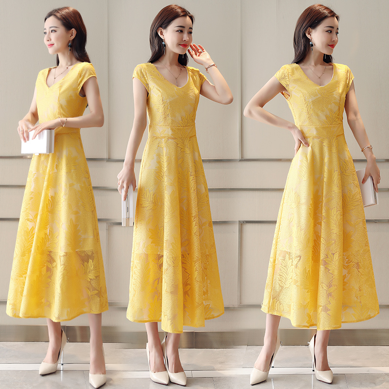 女士夏款新品女装名媛气质韩版长裙短袖夏天过膝长款蕾丝连衣裙潮