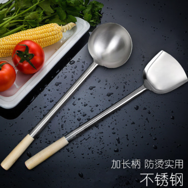 顺安联盾无磁不锈钢炒菜勺大勺子马勺大锅勺 木柄不锈钢镜面炒勺(8两)高清大图