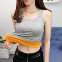 俏果儿(Qiaoguoer)加绒韩版蕾丝边圆领加绒加厚背心女式保暖内搭无袖吊带打底衫
