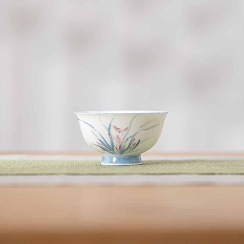 苏氏陶瓷(SUSHI CERAMICS)手绘羊脂玉瓷花瓣兰花茶杯主人杯大号品茗杯