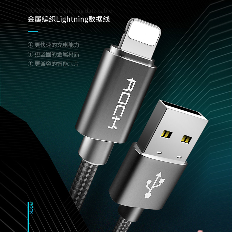 洛克(ROCK)苹果数据线 金属编织手机充电器线 支持iPhone12系列/11系/XR/X/8P/iPad 1米 锖色