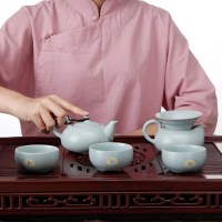 东道汝窑茶具整套茶具套装汝瓷茶具 陶瓷 青瓷 开片可养金线 喜乐壶杯组 一壶五杯