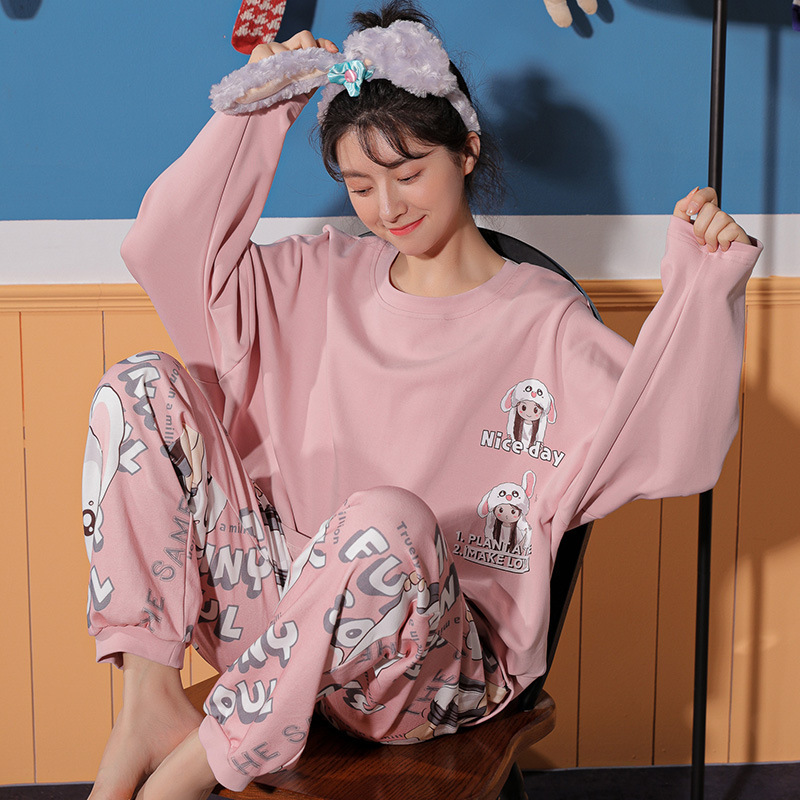 俞兆林21新款睡衣女春季棉女士简约休闲韩版可爱可外出女士可外穿两件套家居服