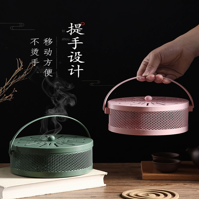 法耐(FANAI)蚊香盘拖蚊香盒创意家用带盖接灰放蚊香架铁艺檀香蚊香炉_优雅粉烟花纹大号带盖防火