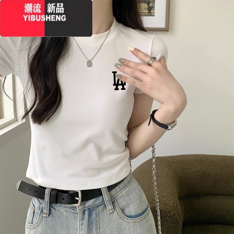 YIBUSHENG纯欲风白色正肩短袖t恤女设计感小众辣妹修身短款上衣季高清大图