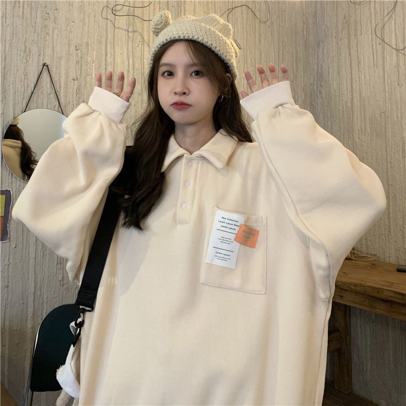 美式hiphop古着polo衫卫衣女秋冬宽松潮ins慵懒风bf加绒加厚外套
