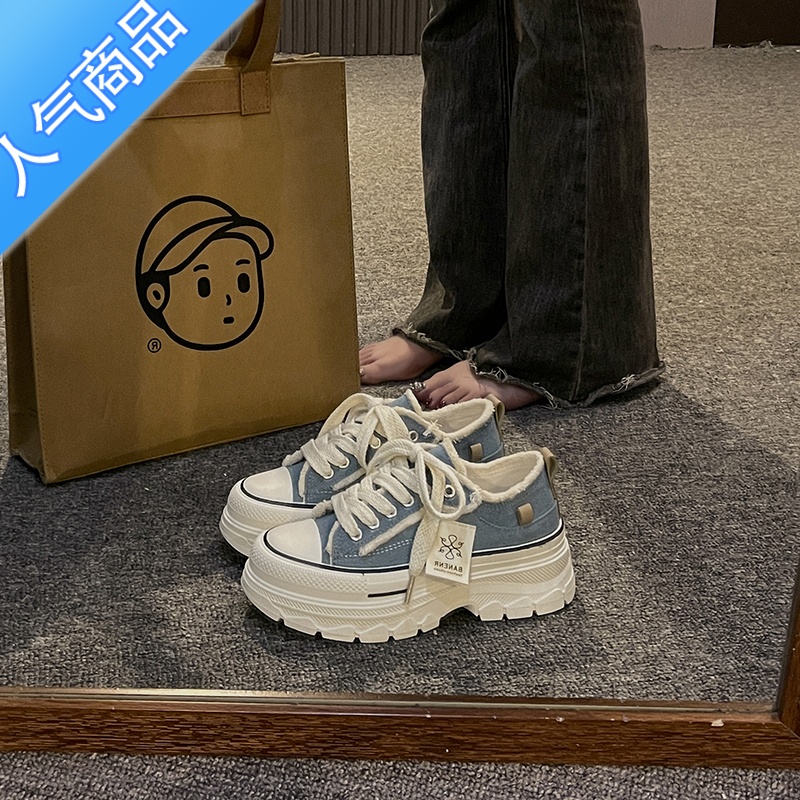 SUNTEK厚底帆布鞋女夏季透气2023新款chic百搭小众板鞋子软底小白鞋高清大图