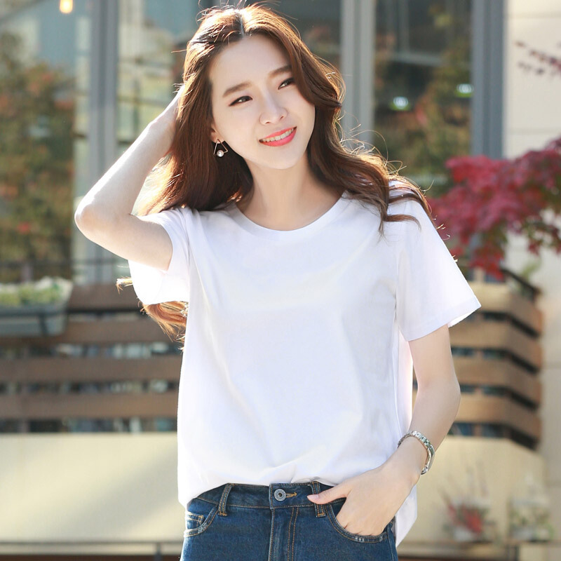 短袖女2018新款夏季纯白色t恤圆领宽松纯色韩版半袖上衣白色v领视频