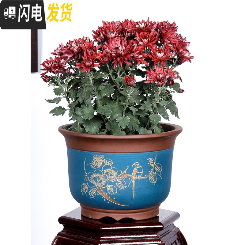 三维工匠宜兴紫砂花盆特大号盆景盆兰花盆君子兰花盆特 涂鸦黑色描金大号一对两个 手工测量误差&plusmn;0花盆容器