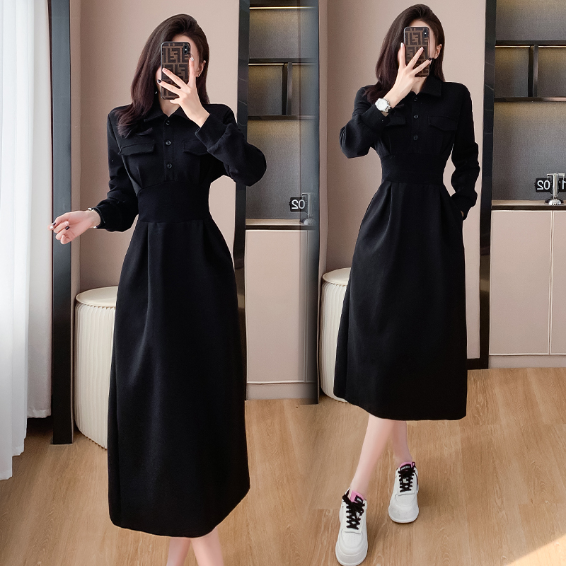 班俏banqiao黑色气质休闲长袖连衣裙女秋冬收腰显瘦法式中长裙赫本风