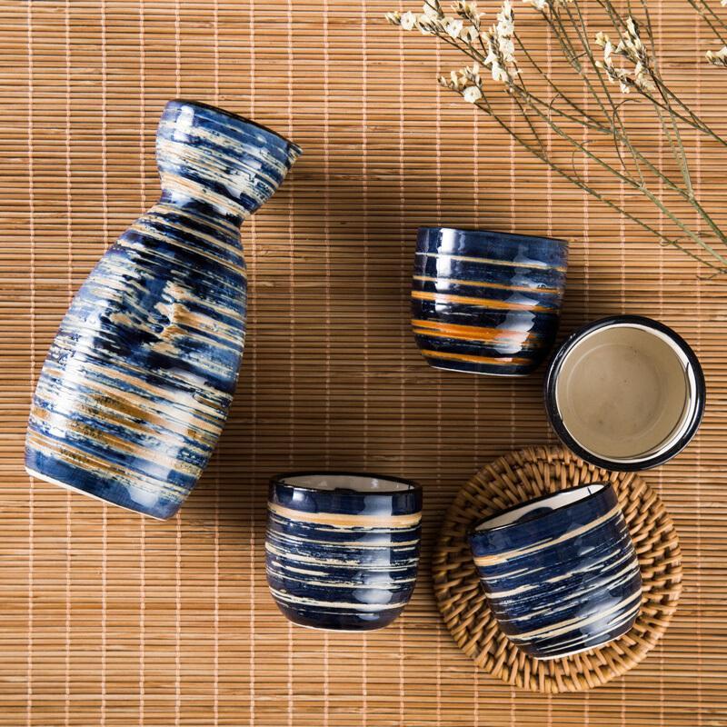 日式酒具 一壶四杯 日本清酒酒具 米酒酒具 水墨色 陶瓷酒具