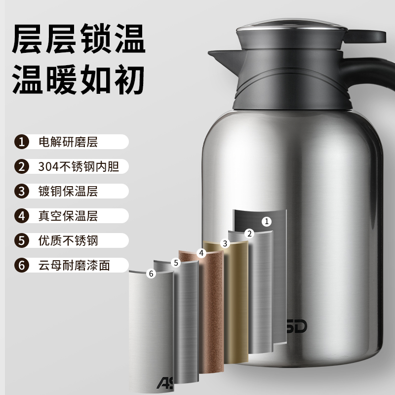 爱仕达保温壶家用304不锈钢真空保温大容量2.2L防漏暖壶热水壶
