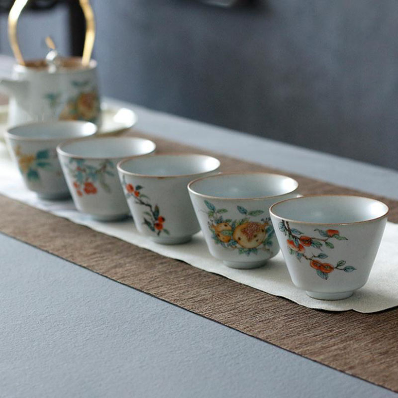 美帮汇汝窑茶杯礼盒功夫品茗杯柿子陶瓷仿古汝瓷开片石榴主人杯个人杯高清大图