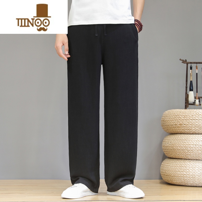 YANXU棉麻休闲裤男中国风夏季薄款宽松直筒阔腿裤亚麻透气休闲日系长裤高清大图