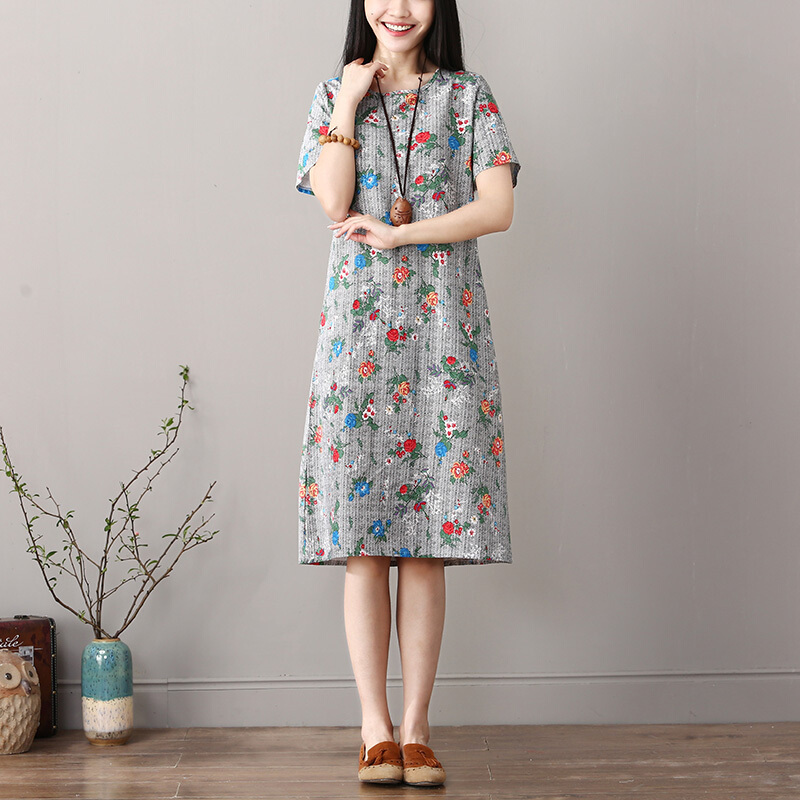 棉麻连衣裙女民族风女装2018夏季复古宽松显瘦印花中长款裙子lm