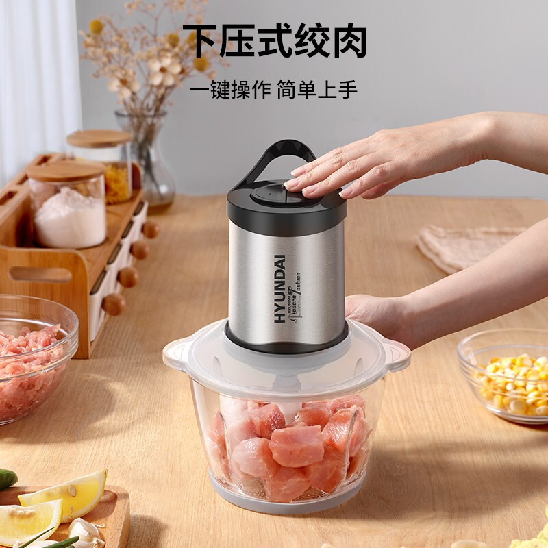 HYUNDAI电动绞肉机 多功能料理机家用碎肉机宝宝辅食机蒜蓉机打蒜器绞馅机搅拌机搅肉机 可绞1斤肉2L玻璃碗