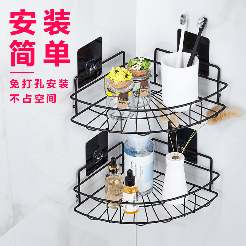卫生间不锈钢304置物架三角架浴室壁挂方形免打孔厕所转角收纳架高清大图