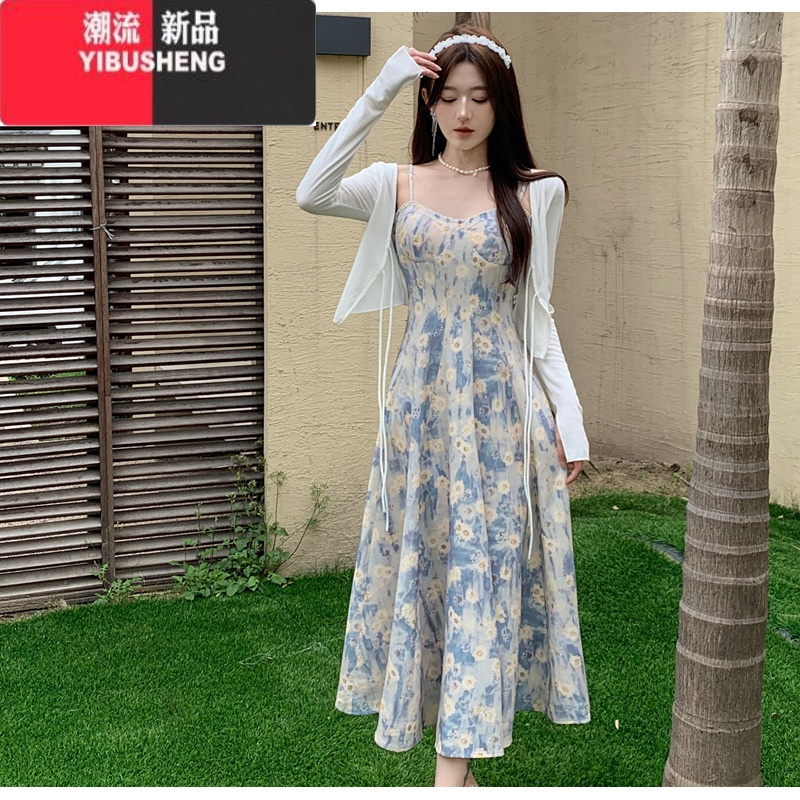 YIBUSHENG大码女装微胖蓝色油画碎花法式小众连衣裙女裙子胖mm遮肚显瘦长裙